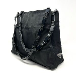 Vintage Prada Black Tessuto Nylon Triangle Logo Shoulder Bag Tote Chain Handle